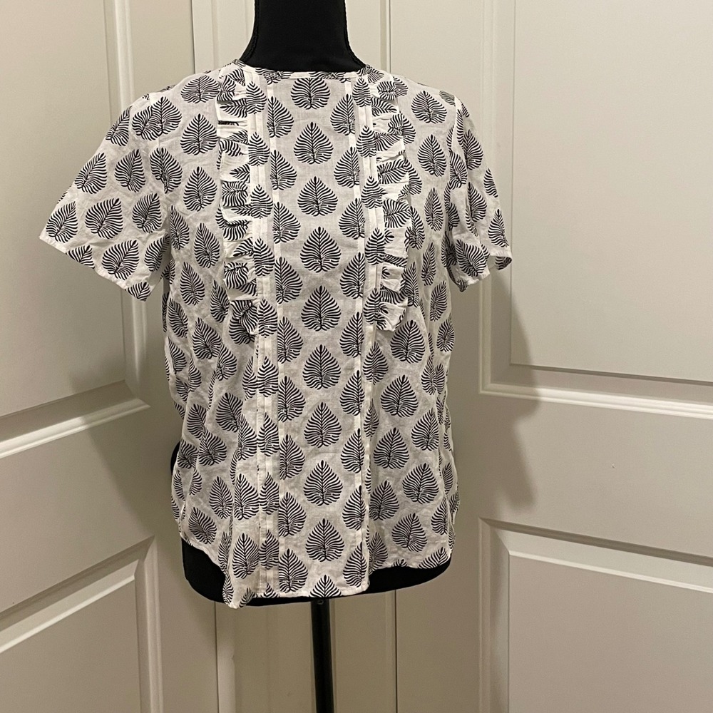 Bohme‎ Womens White Black Leaf Print Short Sleeve Button Up Blouse XS